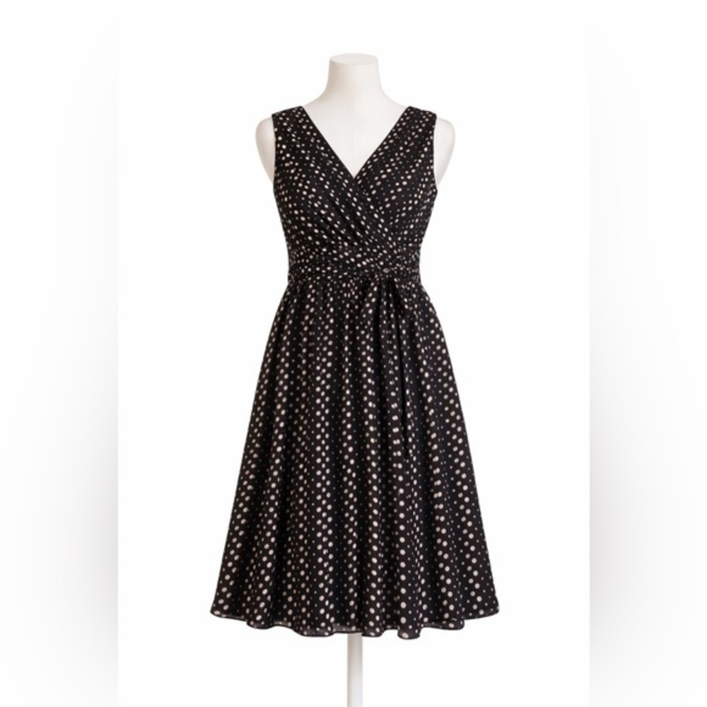 SOUP Black White Polka Dot Dress XS Retro Wrap V Neck Empire Waist Fit Flare